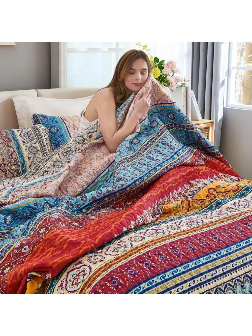 Oversized Boho Quilt Set - 3 Piece Bedspread in Beige, Cozy Home Decor